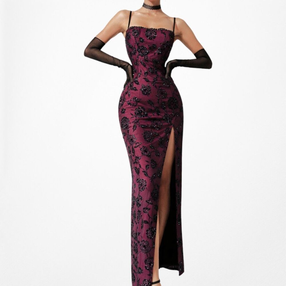 Vintage Y2K Burgundy Red Floral Velvet Side Slit Mesh Bodycon Maxi Prom Dress M